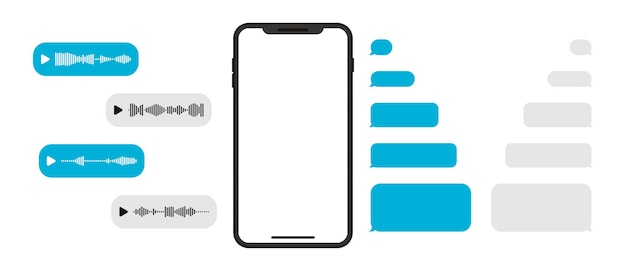 Maqueta de teléfono inteligente con plantilla de chat de mensajería en blanco y mensaje de voz. Pantalla vacía de teléfono móvil