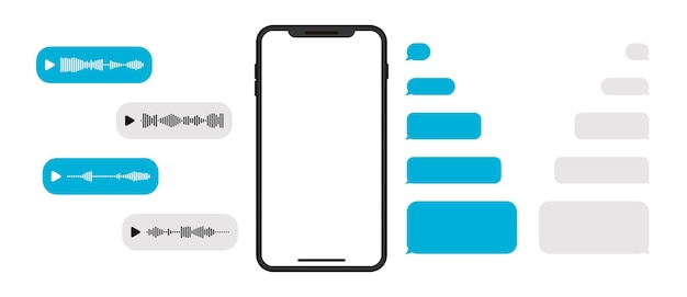 Vector maqueta de teléfono inteligente con plantilla de chat de mensajería en blanco y mensaje de voz. pantalla vacía de teléfono móvil