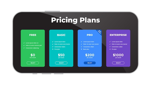 Maqueta de teléfono inteligente Plantilla de diapositiva infográfica Planes de precios Concepto de marketing