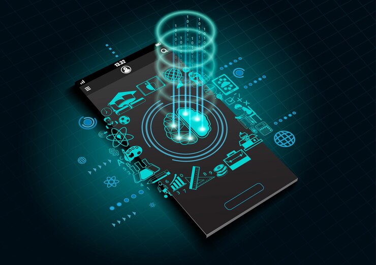 Vector maqueta de teléfono inteligente realista e iconos de educación en la pantalla