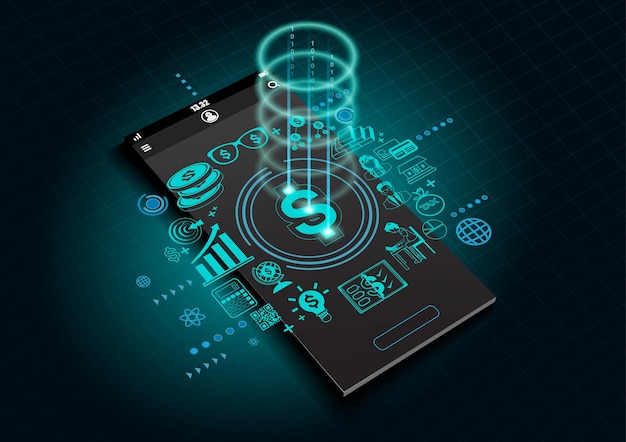 Vector maqueta de teléfono inteligente realista e iconos de negocios en la pantalla