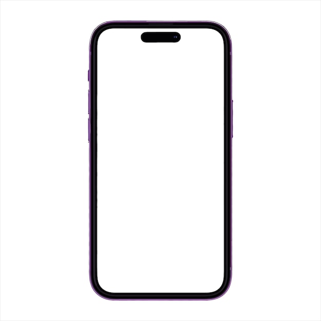 Maqueta de teléfono inteligente de vista frontal realista Marco púrpura de iPhone móvil con pantalla blanca en blanco Vector