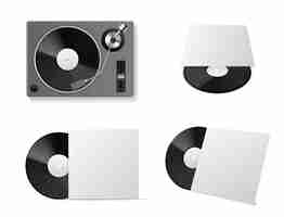 Vector maqueta de tocadiscos de vinilo tocadiscos de vinilo realista disco de placa negra de equipo musical vintage en diferentes ángulos plantilla de cubierta de paquete de cartón en blanco vector 3d conjunto aislado