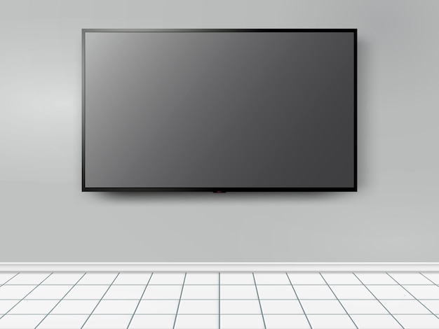 Maqueta de TV con pantalla blanca plana en el fondo gris de la pared