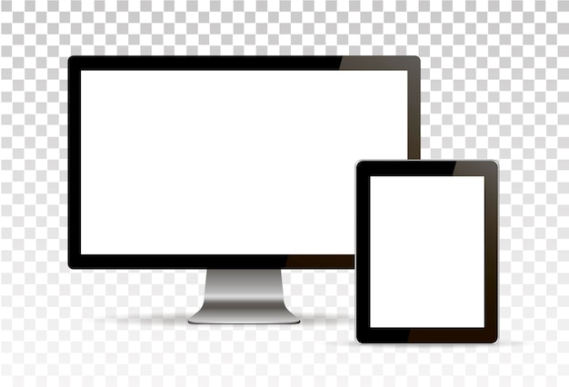 Maqueta vectorial Conjunto de pantallas en blanco Tableta de computadora sobre fondo transparente Aislado