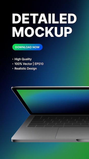 Vector maqueta vertical de computadora portátil realista medio cerrada para presentación promocional de historias para publicitar su producto ilustración vectorial