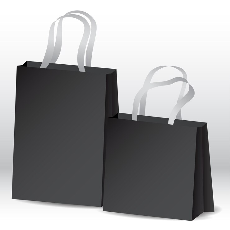 Maquetas de bolsas de papel negras con cinta blanca compras compras descuentos papel de tienda