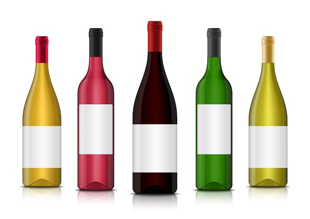 Maquetas de botellas de vino 3d realistas vectoriales con etiquetas limpias