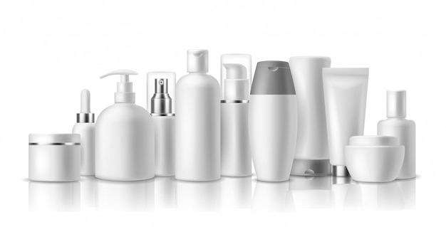 Maquetas cosméticas realistas. Frascos, envases y frascos de cosméticos para el cuidado de la piel. Producto de belleza spa. Paquete de spray, loción y crema