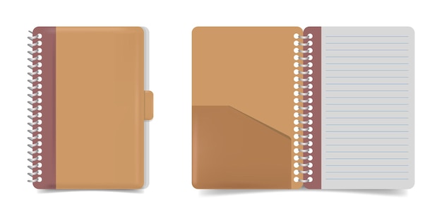 Maquetas de cuadernos abiertos y cerrados Cuadernos con cubierta de cuero marrón
