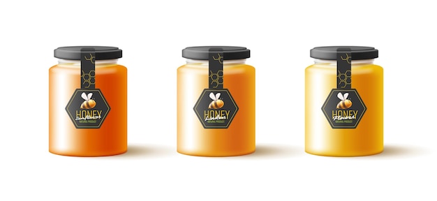 Vector maquetas de tarros de vidrio de miel con etiquetas adhesivas logotipo de abeja con panales concepto de diseño de empaque de miel realista en 3d diseño de etiquetas de alimentos