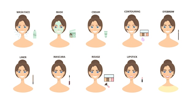 Vector maquilla los pasos. desde la limpieza de la cara hasta el maquillaje completo.