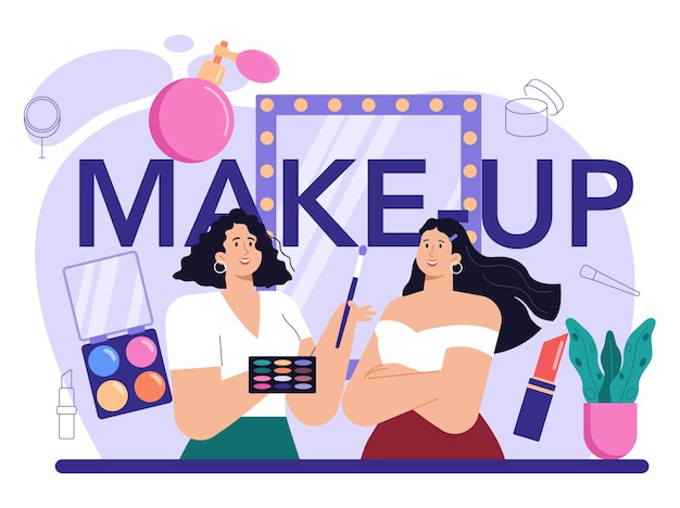 Vector maquillaje artista profesional encabezado tipográfico haciendo un procedimiento de belleza