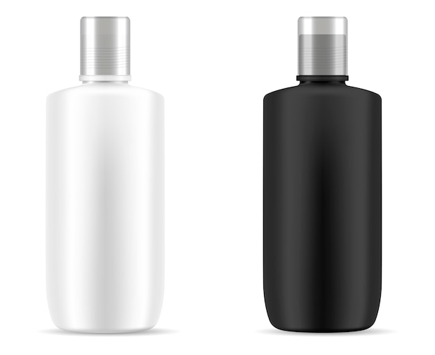 Maquillaje de botellas de cosméticos de champú blanco y negro.