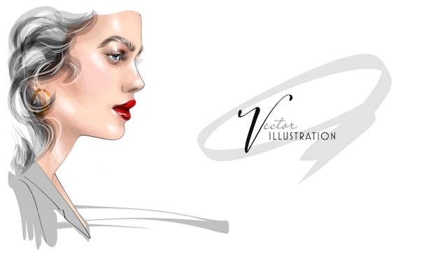Vector maquillaje de cara de niña hermosa dibujada a mano con ilustración de moda en blanco y negro de labios rosados. elegante