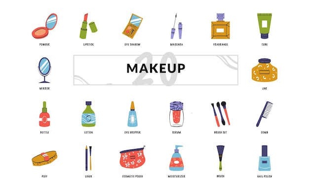 maquillaje cosmético para belleza mujer o mujer conjunto de iconos de doodle dibujados a mano