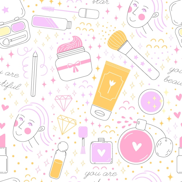 Maquillaje y cosméticos de patrones sin fisuras. Moda de fondo