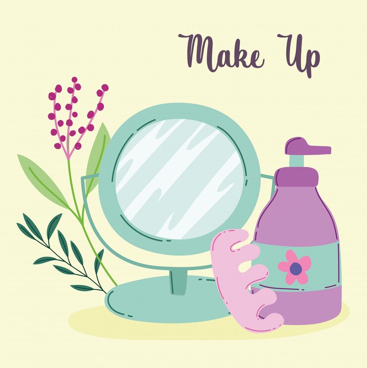 Vector maquillaje cosméticos producto moda belleza espejo pedicura separadores y dispensador crema corporal ilustración