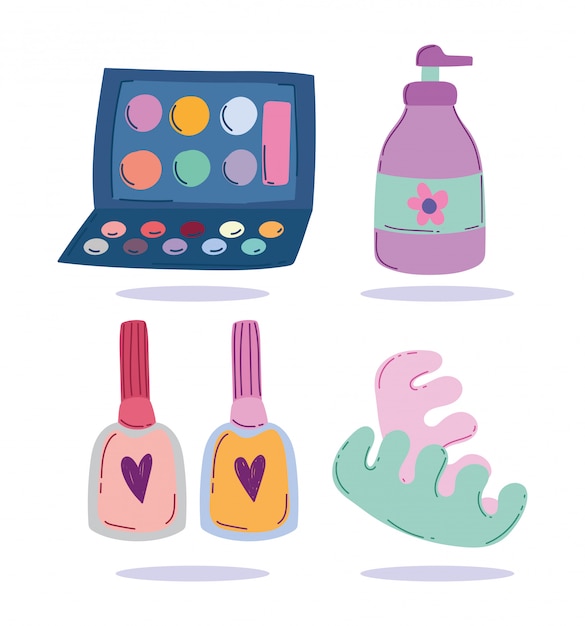 Maquillaje cosméticos producto moda belleza sombra de ojos paleta loción esmalte de uñas ilustración vectorial