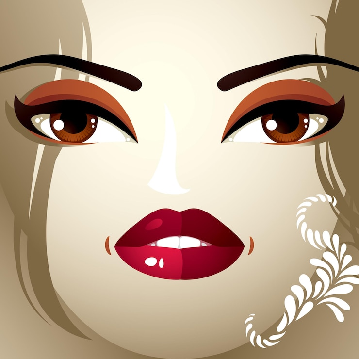 Vector maquillaje facial. labios, ojos y cejas de una mujer atractiva mostrando sorpresa y conmoción. corte de pelo femenino de moda.