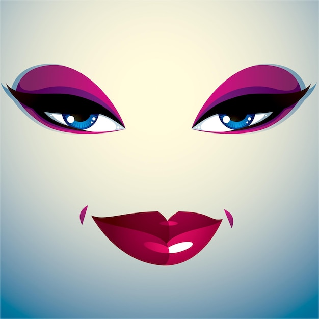 Maquillaje facial, labios y ojos de una mujer atractiva mostrando felicidad.