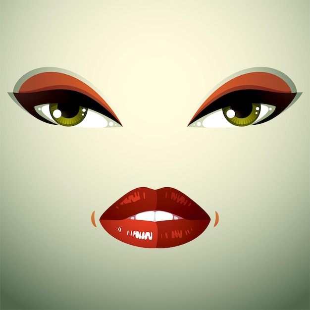 Vector maquillaje facial, labios y ojos de una mujer atractiva que muestra ira. expresión emocional facial.