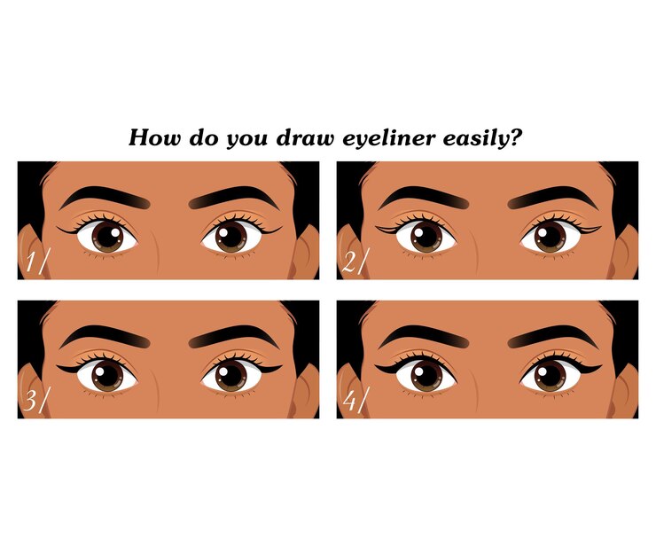 Vector maquillaje de mujer africana con delineador de ojos negro una niña aplicando delineador de ojos de cerca en el ojo paso a paso