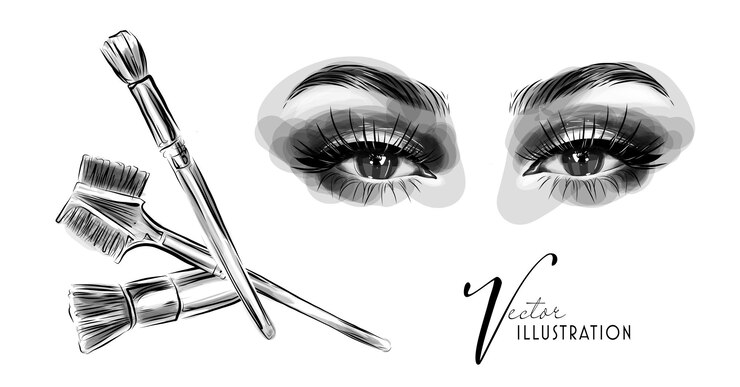 Vector maquillaje de ojos en blanco y negro pinceles de maquillaje para ojos y cejas