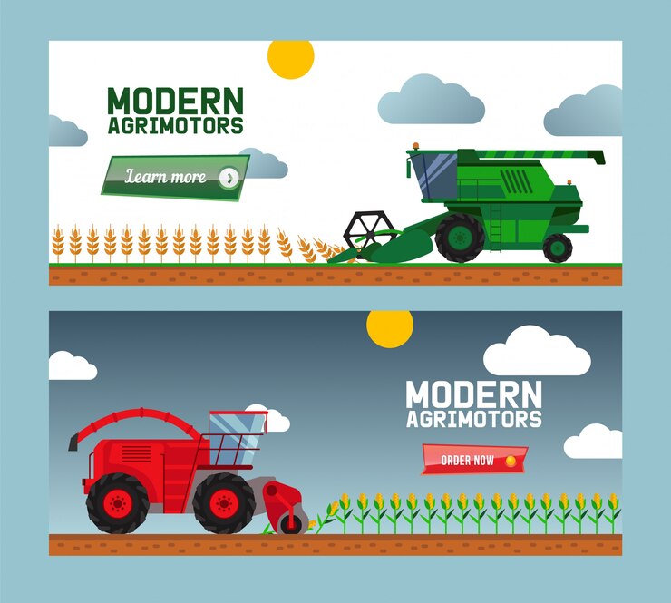 Vector máquina agrícola moderna cosecha cosecha, cosechadora, camión, ilustración plana. negocio en línea, ordene ahora, compre la máquina de granjero.