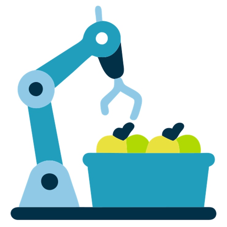 Vector máquina automatizada con brazos robóticos recogiendo manzanas de árboles planos icono de granja inteligente icono coloreado