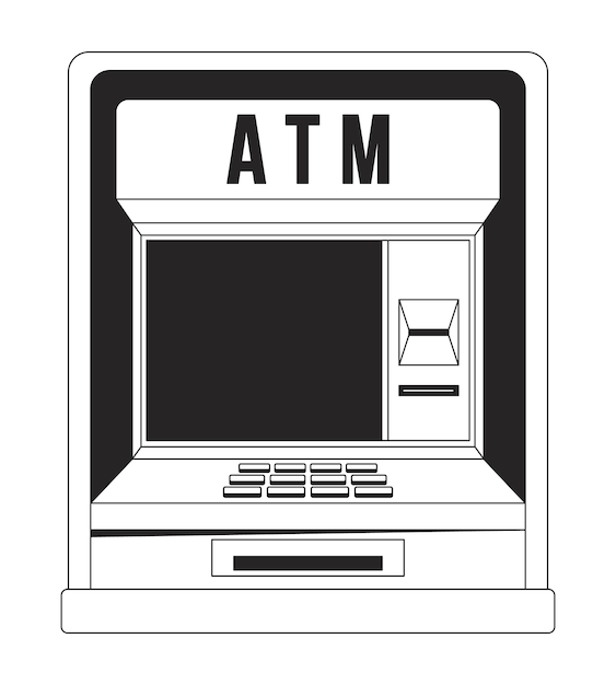 Máquina bancaria automática objeto vectorial aislado monocromo plano Operación financiera Dibujo de arte de línea en blanco y negro editable Ilustración de punto de contorno simple para diseño gráfico web
