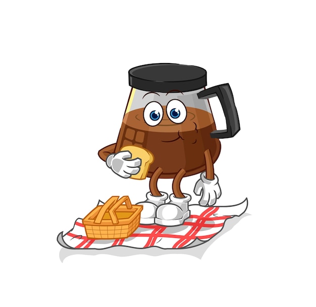 Máquina de café en un vector de mascota de dibujos animados de dibujos animados de picnic