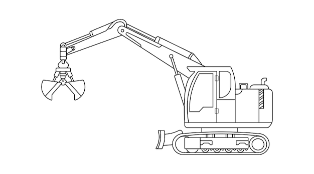 Máquina de construcción de excavadora con manipulador de garras de tamaño pequeño para niños de color dibujado a mano