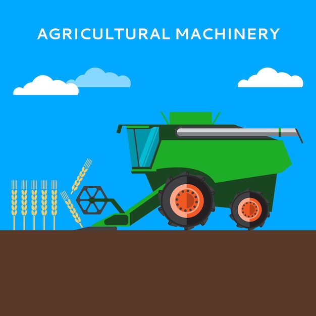 Vector la máquina cosechadora agrícola está cosechando en el campo de trigo