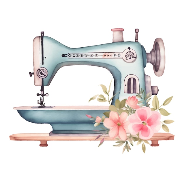 máquina de coser de acuarela y flora