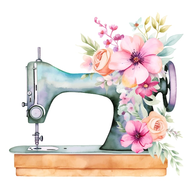 máquina de coser de acuarela y flora