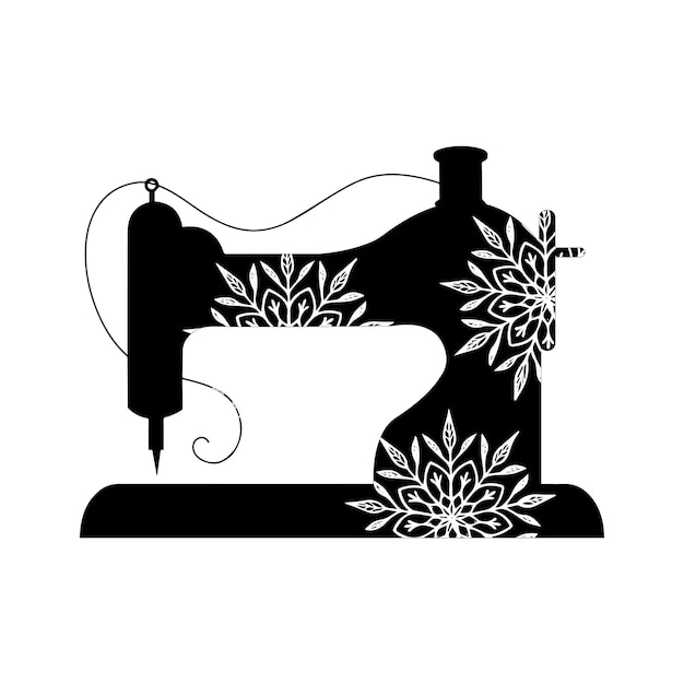 Vector una máquina de coser en blanco y negro con un diseño en blanco.