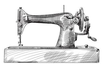 Máquina de coser a mano antigua sobre un boceto de base de madera