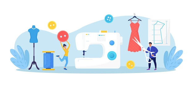 Máquina de coser manual Taller o cursos de costura de confección de vestidos Diseñadores de moda están confeccionando ropa Herramientas de coser agujas tijeras hilos Fabricantes de vestidos crean trajes y prendas de vestir en máquina de coser