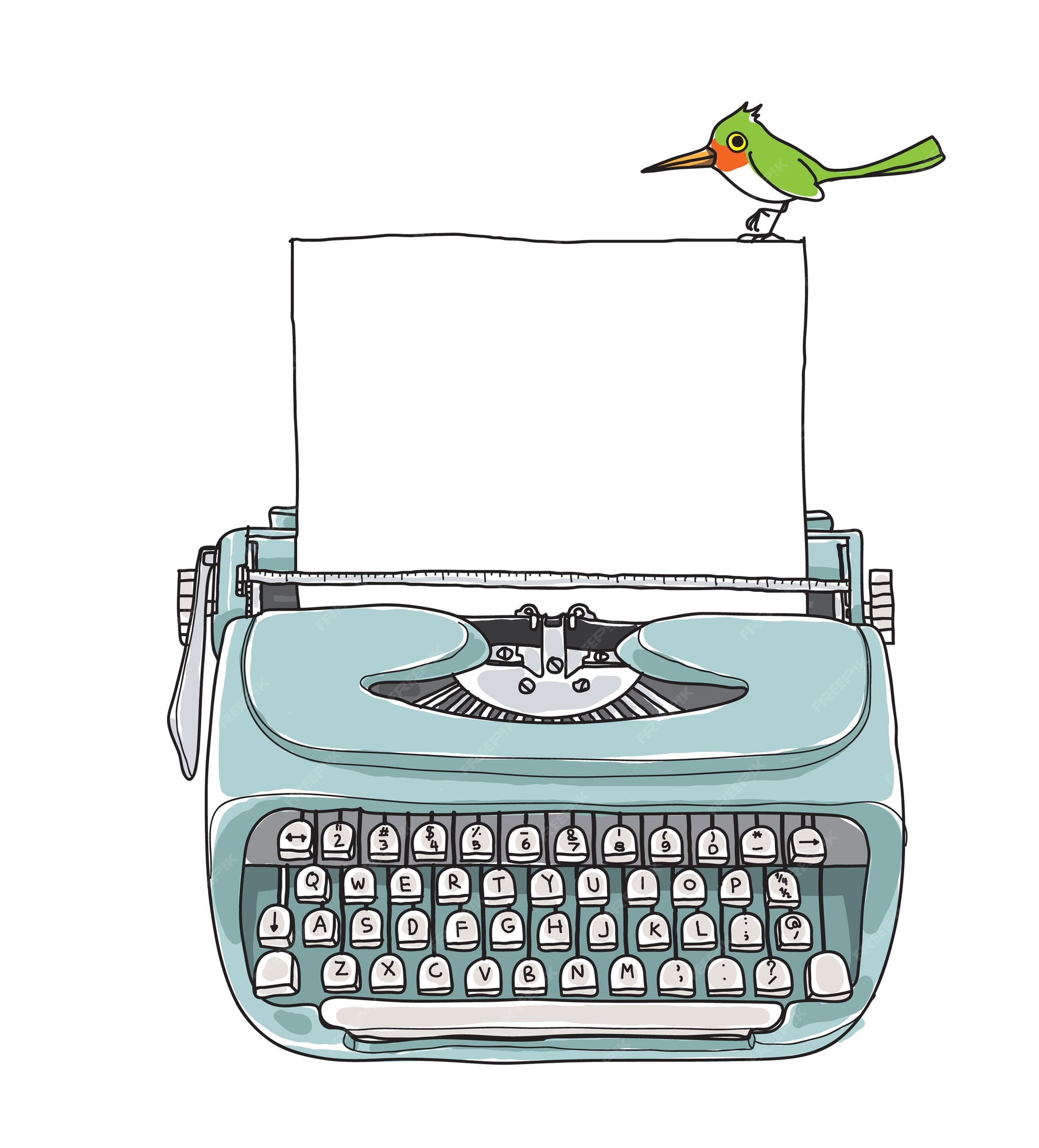 Máquina de escribir azul vintage y vector dibujado a mano pájaro verde | Vector Premium Máquina de escribir azul vintage y vector dibujado a mano pájaro verde | Vector Premium