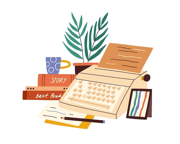 Máquina de escribir con hoja de papel, libros de cuentos y taza. Lugar de trabajo creativo del escritor de novelas o autor de ficción. Creación del concepto de literatura. Ilustración de vector plano aislado sobre fondo blanco.