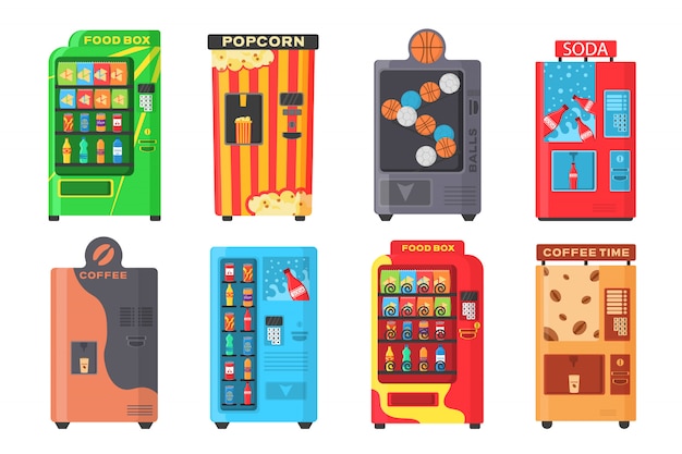 Máquina expendedora con bocadillos de comida rápida, bebidas, nueces, papas fritas, galleta, jugo, sándwich. Colorida vista frontal automática con bebida fría, merienda, palomitas de maíz y café en diseño plano. ilustración.