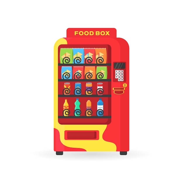 Máquina expendedora con bocadillos de comida rápida, bebidas, nueces, papas fritas, galleta, jugo, sándwich. Colorida vista frontal automática con bebida fría, merienda, palomitas de maíz y café en diseño plano. ilustración.