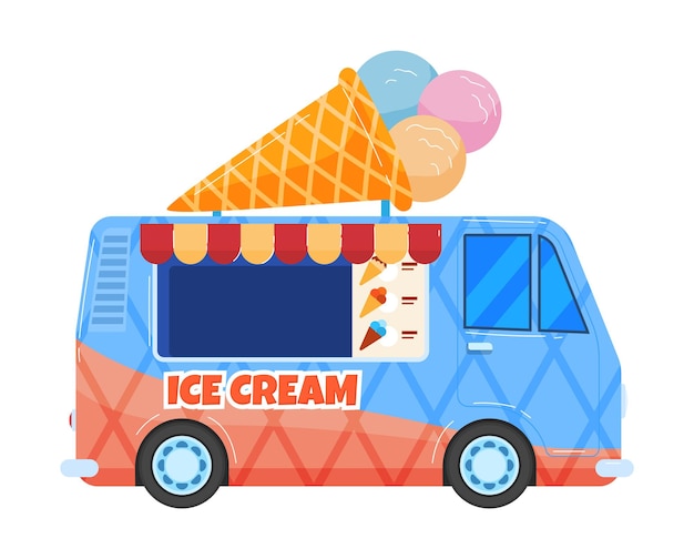 Máquina de helados transporte negocio vehículo comer coche entrega snack dulce diseño plano estilo vector ilustración