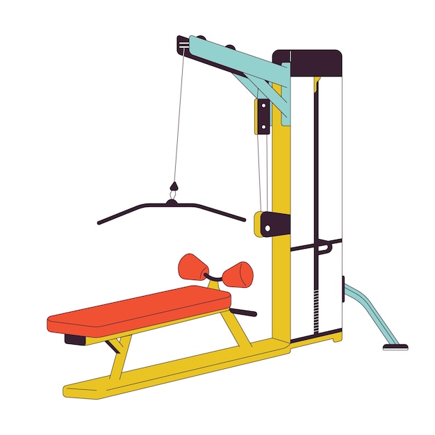 Máquina Lat pulldown línea plana color objeto vectorial aislado Equipo de gimnasio deportivo Tira hacia abajo máquina de peso Imagen de clip art editable en fondo blanco Ilustración de lugar de dibujos animados de contorno simple