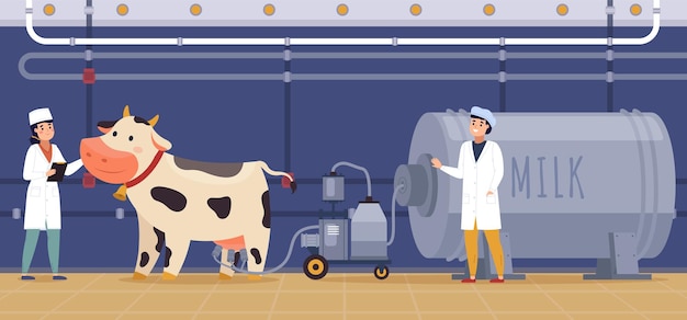 Máquina de ordeño automático proceso de ordeño vaca con dispositivo especial productos nutritivos industria alimentaria los agricultores controlan animales de granja en fábrica vector dibujos animados plano aislado lácteo concepto