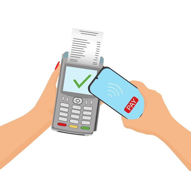 Máquina de pago POSterminal bancaria con un teléfono móvil Vector ilustración aislada