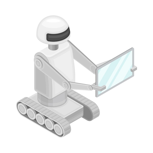 Máquina robótica programable que sostiene la pantalla como tecnología robótica y equipo electrónico con inteligencia artificial Ilustración vectorial isométrica