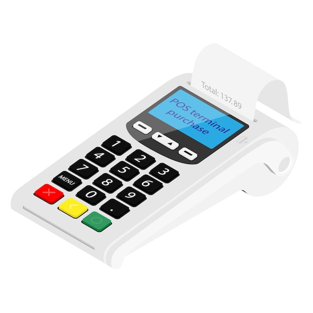 Máquina terminal de pago POS aislada sobre un fondo blanco