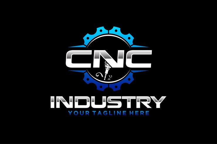 Vector máquina de torno cnc logo control numérico por computadora fabricación de diseño de tecnología de corte 3d moderna